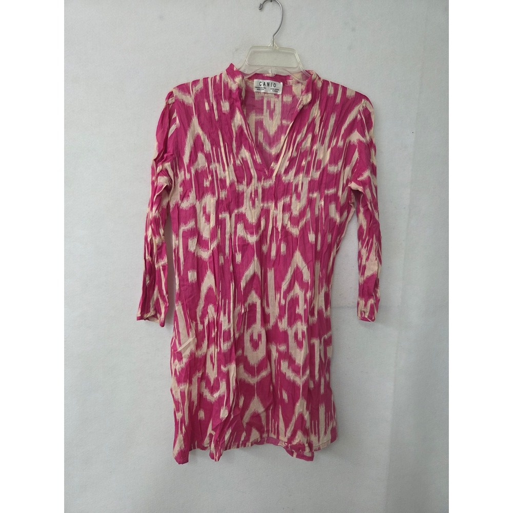 Canio Ikat Tunic Women Small Pink Cream 100%‎ Cotton 3/4 Sleeve Split Neck Top
